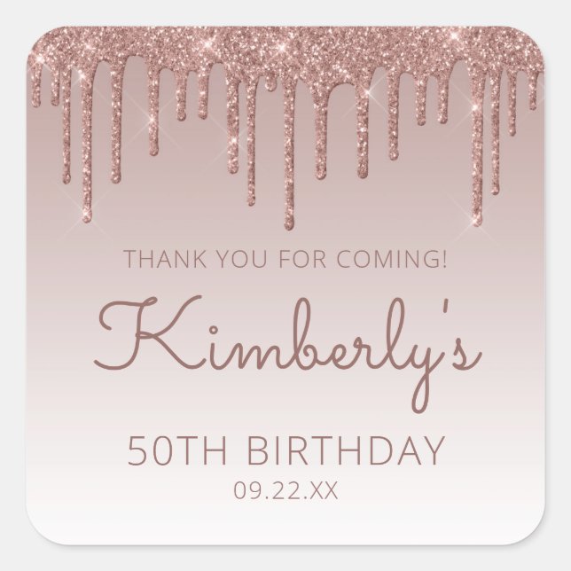 Pegatina Cuadrada Rosa Purpurina de Oro Drip 50 cumpleaños Gracias (Anverso)