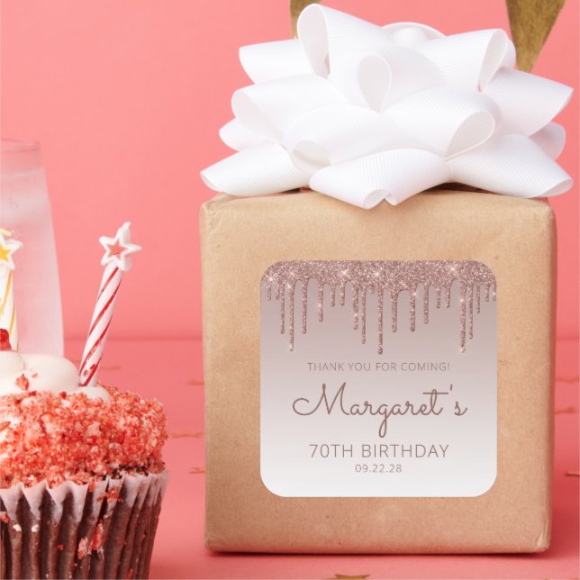Pegatina Cuadrada Rosa Purpurina de Oro Drip 70th Birthday Gracias (Fiesta)