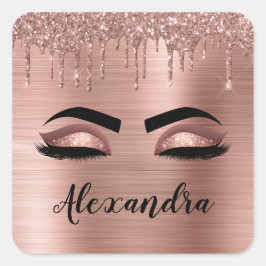 Pegatina Cuadrada Rosa Purpurina dorado Esparkle Eyelashes Monograma