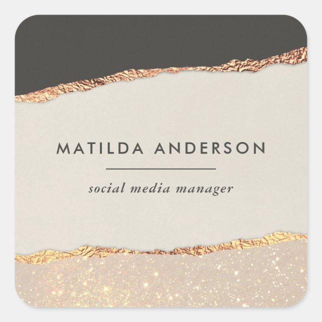 Pegatina Cuadrada Rosa purpurina dorado negro rosa moderno (Anverso)