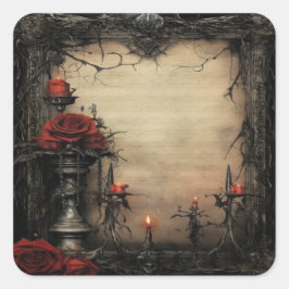 Pegatina Cuadrada Rosa roja de Halloween con velas