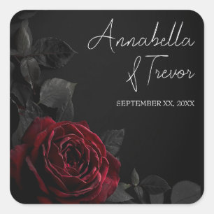 Pegatina Cuadrada Rosa Roja en Nombre Personalizado Floral Negro Mal