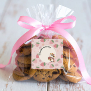 Pegatina Cuadrada Rosa Rojo Dos Dulces Fresas Segundo Fiesta de Cump