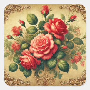 Pegatina Cuadrada Rosa Rojo VintageFloral Elegante Oro
