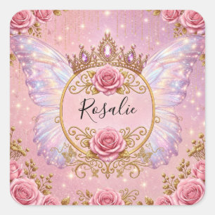 Pegatina Cuadrada Rosa rosa dorada floral hada princesa mariposa