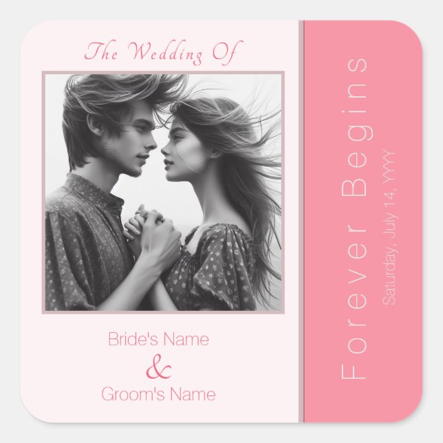 Pegatina Cuadrada Rosa Rosa Para Siempre Comienza Elegante Boda Foto (Anverso)