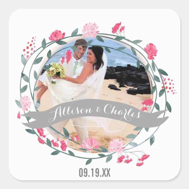 Pegatina Cuadrada Rosa Rosa Quartz Personalizado Su Foto Boda (Anverso)