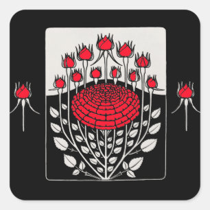 Pegatina Cuadrada ROSA ROSAS ROJAS NEGRAS BLANCAS Art Nouveau Floral