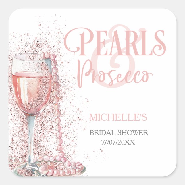 Pegatina Cuadrada Rosa Rubor Glitter Moderno Perlas y Prosecco (Anverso)