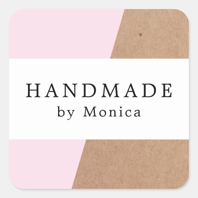 Pegatina Cuadrada Rosa simple de Guay Kraft Blanco Stripe Handmade T (Anverso)