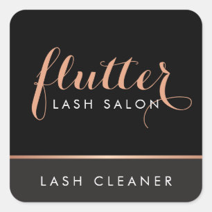 Pegatina Cuadrada Rosa simple Logotipo de Salón de Lash de Oro Negro