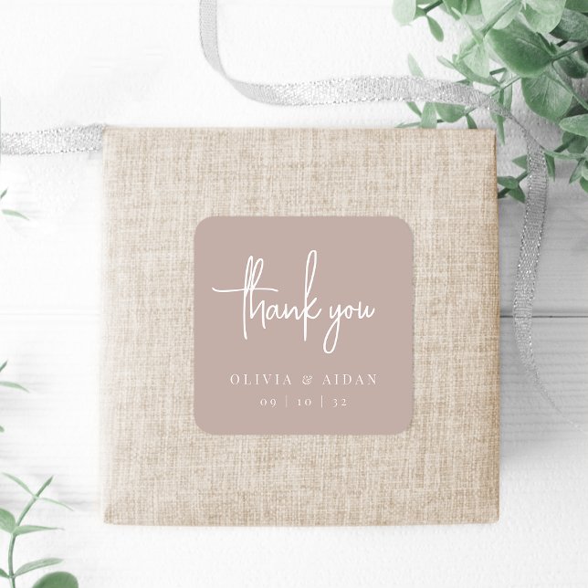Pegatina Cuadrada Rosa Taupe | Boda manuscrito Gracias (Subido por el creador)