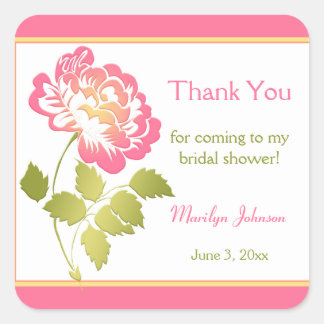 Pegatina Cuadrada Rosa, verde, amarillo, peony Bridal Shower Pegatin