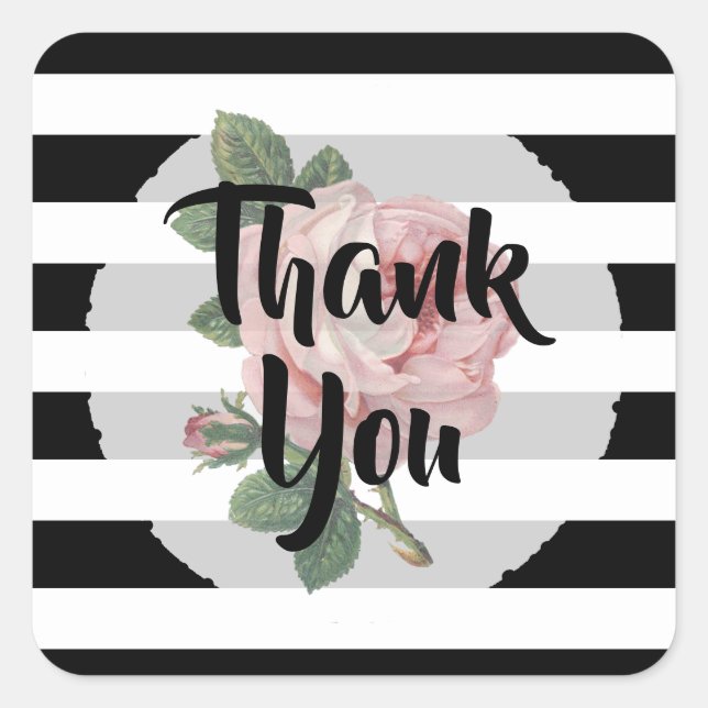 Pegatina Cuadrada Rosa Vintage Rosa Negra y Blanca Gracias (Anverso)