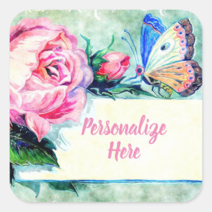 Pegatina Cuadrada Rosa vintage y mariposa azul rosa