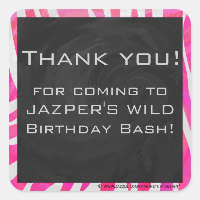 Pegatina Cuadrada Rosa y blanco caluroso de cebra con monograma (Anverso)