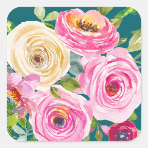 Pegatina Cuadrada Rosas acuarela en rosa y crema en azul teal