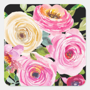Pegatina Cuadrada Rosas acuarelas en rosa y crema en negro