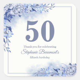 Pegatina Cuadrada Rosas Azules Elegantes Cumpleaños 50 de Mujer