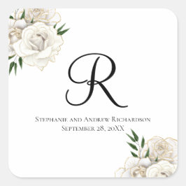 Pegatina Cuadrada Rosas blancas con monograma Floral elegante boda