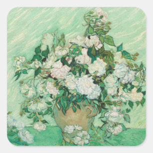 Pegatina Cuadrada Rosas Blancas de Van Gogh - Arte Floral Vintage a 