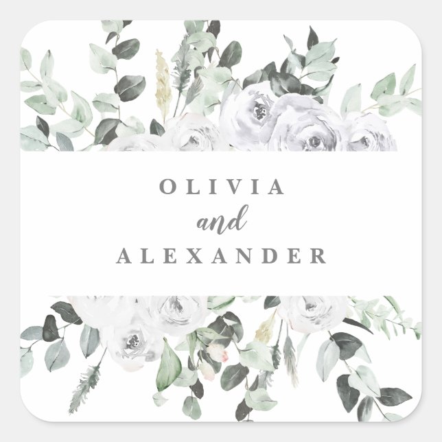 Pegatina Cuadrada Rosas blancas y boda floral verde (Anverso)