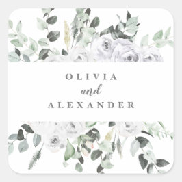 Pegatina Cuadrada Rosas blancas y boda floral verde