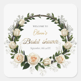 Pegatina Cuadrada Rosas Blancas y Favor de Aliento de Bebé