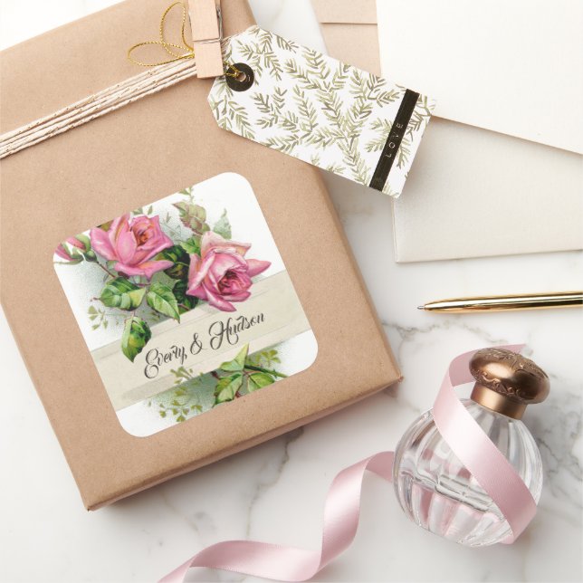 Pegatina Cuadrada Rosas Bodas rosados de época (Regalar)