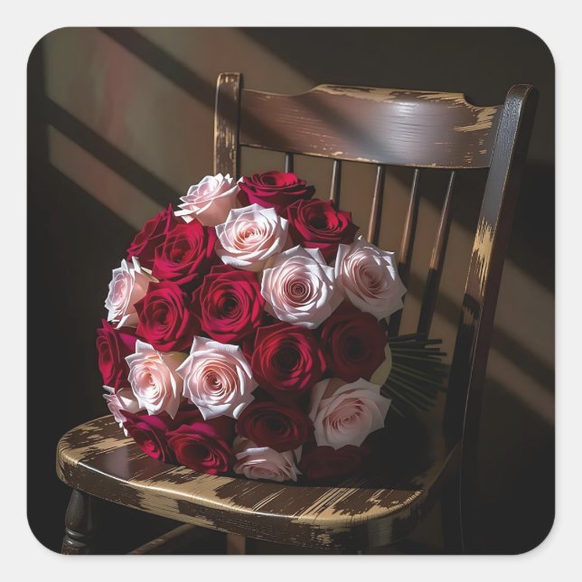 Pegatina Cuadrada Rosas bonitas en una silla rústica (Anverso)