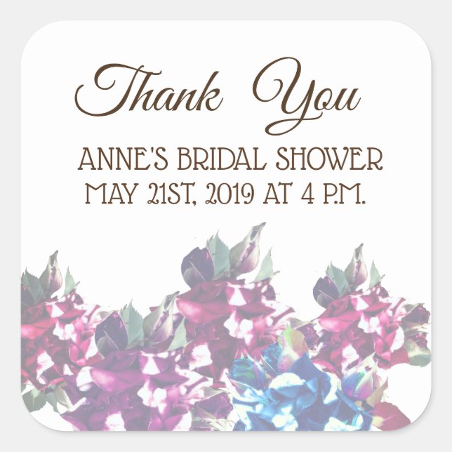 Pegatina Cuadrada Rosas Bridal ShowerSticker (Anverso)