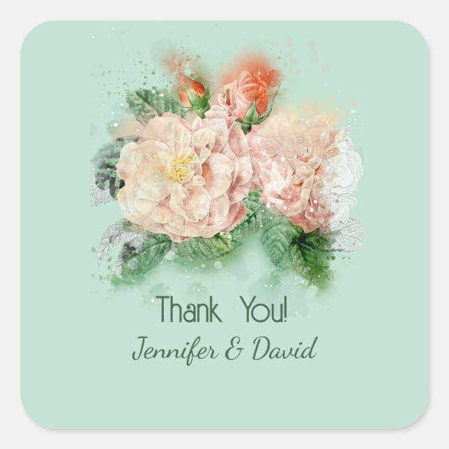 Pegatina Cuadrada Rosas Chic de Shabby Pegatinas de boda (Anverso)