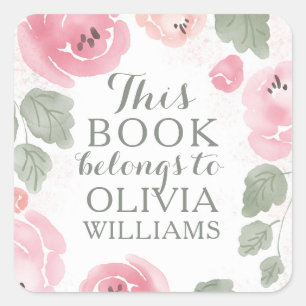 Pegatina Cuadrada Rosas de acuarela rosa Este libro pertenece a Pega