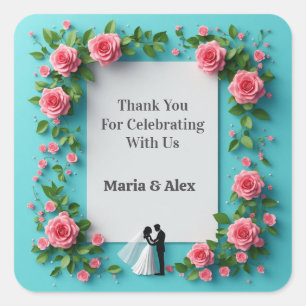 Pegatina Cuadrada 🌷 Rosas de Boda Novia y Novio Marco 💖