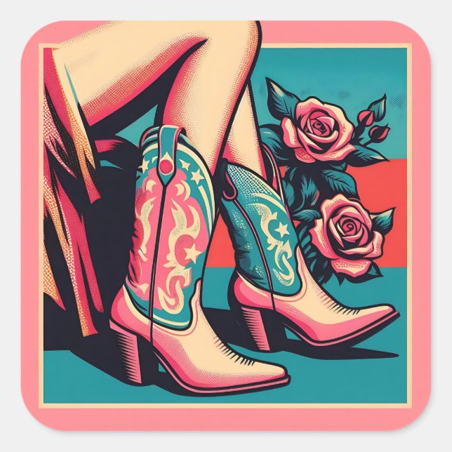 Pegatina Cuadrada Rosas de Coquette Cowgirl Pink and Blue Boots Pop  (Anverso)