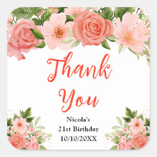 Pegatina Cuadrada Rosas de Coral con Follaje Cumpleaños Gracias