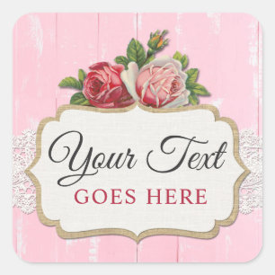 Pegatina Cuadrada Rosas de cosecha de madera rústica de color rosa f