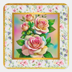 Pegatina Cuadrada Rosas de Elegancia Rosa y Amarillo Acuarela Pastel