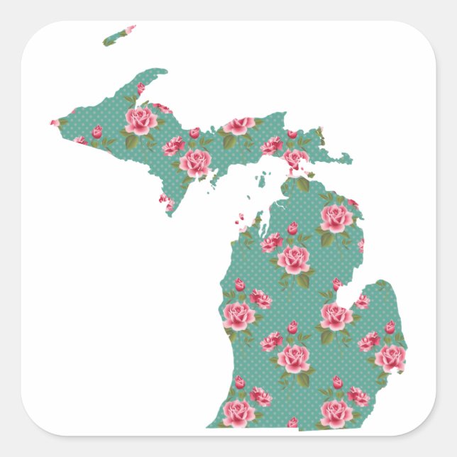 Pegatina Cuadrada Rosas de época Michigan | Aqua Doted Floral (Anverso)
