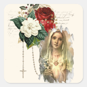 Pegatina Cuadrada Rosas de la Virgen Religiosa María Elegante Coraz