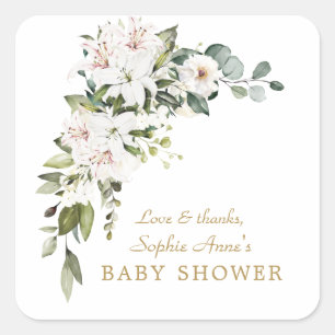Pegatina Cuadrada Rosas de Lilies Blancos de Lujo Baby Shower
