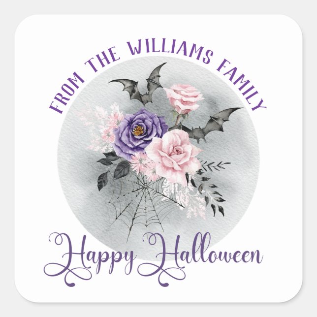 Pegatina Cuadrada rosas de luna gris y acuarela feliz de halloween (Anverso)