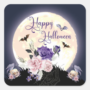 Pegatina Cuadrada rosas de luna y acuarela alegres de halloween