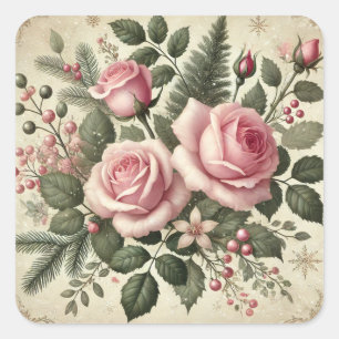 Pegatina Cuadrada Rosas de Navidades rosados de época elegantes