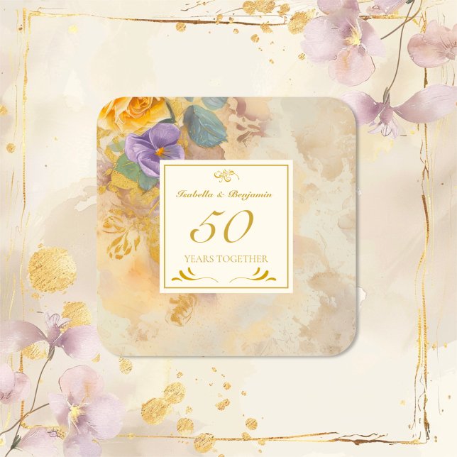 Pegatina Cuadrada Rosas de oro violan 50 aniversario de Boda (Gold Roses and Violets 50th Wedding Anniversary Stickers)