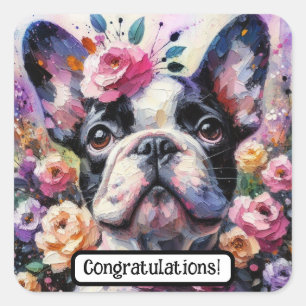 Pegatina Cuadrada Rosas de perros Bulldoges franceses florales en bl