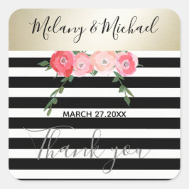 Pegatina Cuadrada Rosas de rayas blancas/negras de oro moderno Graci