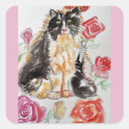 Pegatina Cuadrada Rosas De Tuxedo Cat Cute Flores Gatos Rosa De Acua
