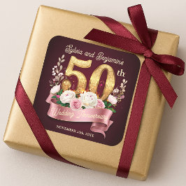 Pegatina Cuadrada Rosas del Oro 50 Aniversario Boda Laurel Wreath