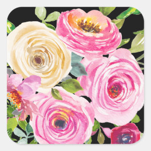 Pegatina Cuadrada Rosas en acuarela en rosa y crema sobre negro
